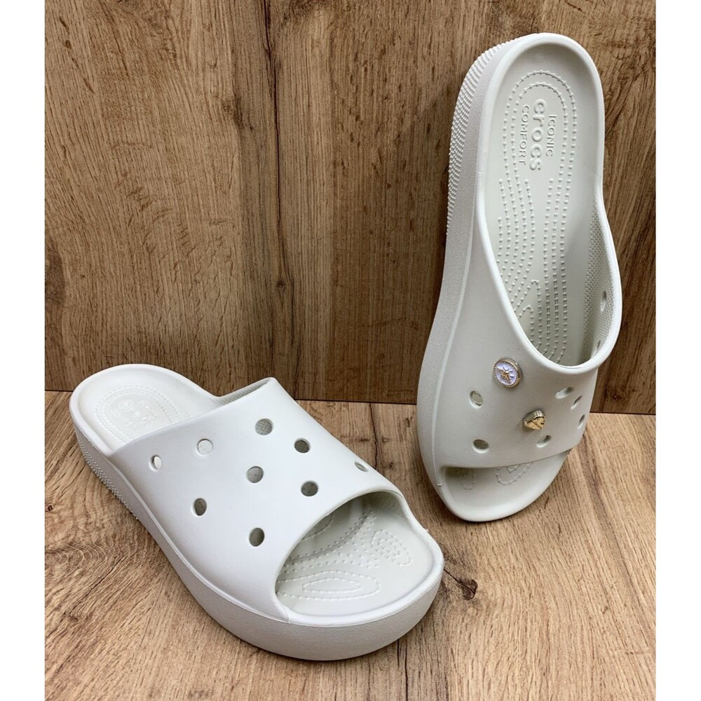 Crocs Women’s Classic Platform Slide Slip On Open Toe Shoes Cream Bling Size 10